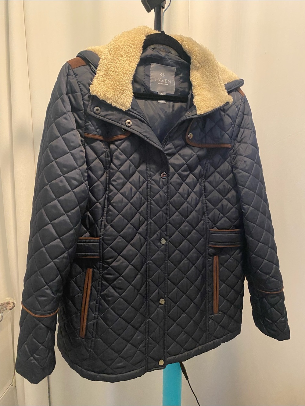 Haven Quilted Navy Puffer Jacket with Cream Sherpa Collar/ Brown Trim
